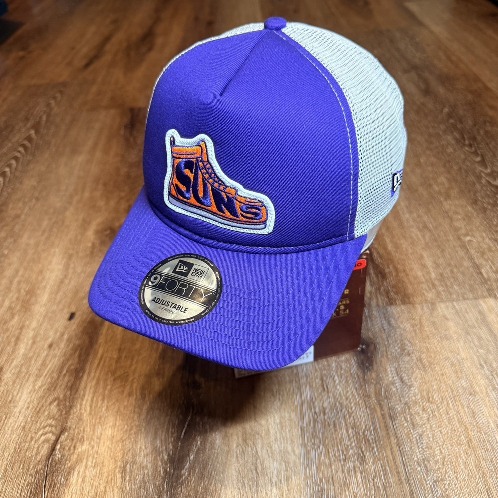 New Era Phoenix Suns Snapback Hat Mesh Trucker Purple Orange Sneaker Shoe Logo